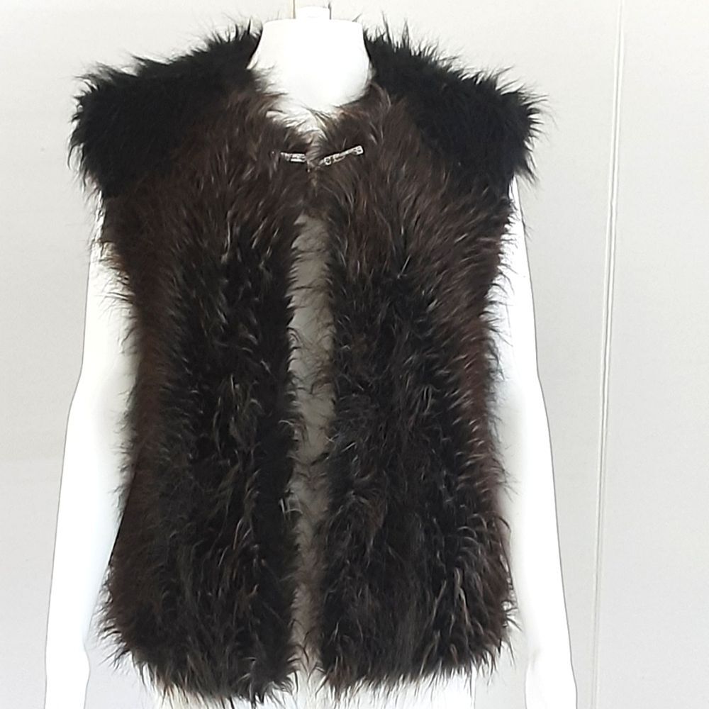 ZARA Women's Black | Silver Long Hair Faux Fox Vest Sz M